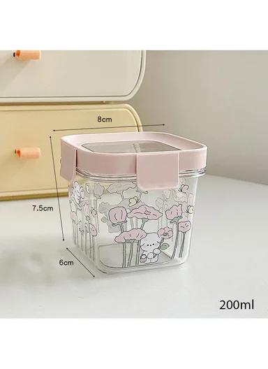 4Pcs Square Airtight Food Container Cartoon Print Set with 4-Side Locking Lids - Mint Green