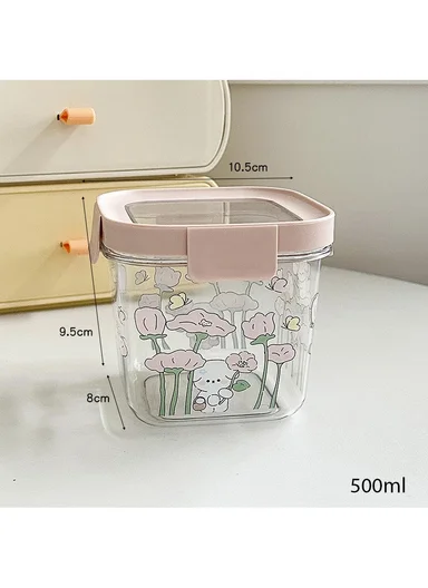 4Pcs Square Airtight Food Container Cartoon Print Set with 4-Side Locking Lids - Mint Green
