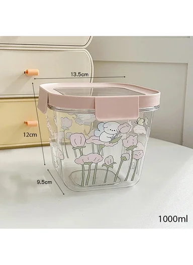 4Pcs Square Airtight Food Container Cartoon Print Set with 4-Side Locking Lids - Mint Green