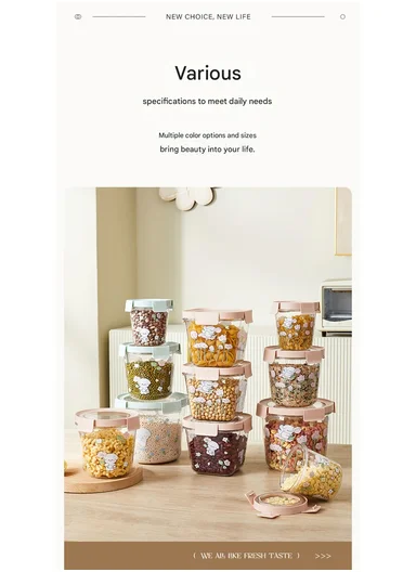 4Pcs Square Airtight Food Container Cartoon Print Set with 4-Side Locking Lids - Mint Green