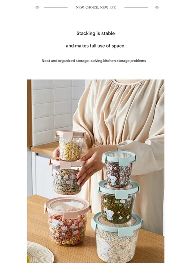 4Pcs Square Airtight Food Container Cartoon Print Set with 4-Side Locking Lids - Mint Green