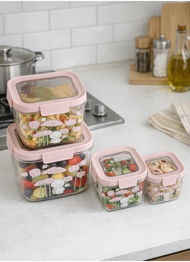 4Pcs Square Airtight Food Container Cartoon Print Set with 4-Side Locking Lids - Pink