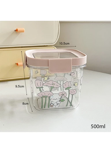 4Pcs Square Airtight Food Container Cartoon Print Set with 4-Side Locking Lids - Pink