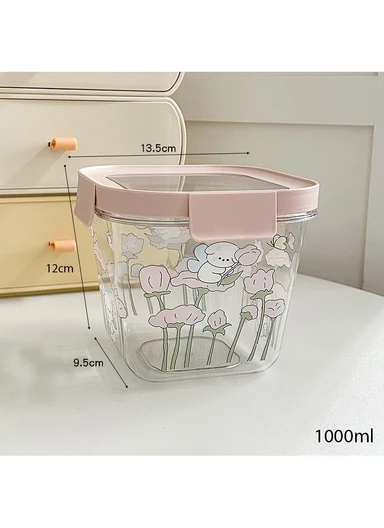 4Pcs Square Airtight Food Container Cartoon Print Set with 4-Side Locking Lids - Pink