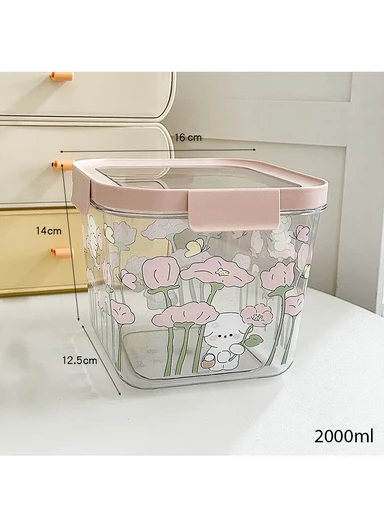 4Pcs Square Airtight Food Container Cartoon Print Set with 4-Side Locking Lids - Pink