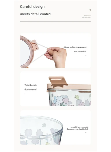 4Pcs Square Airtight Food Container Cartoon Print Set with 4-Side Locking Lids - Pink