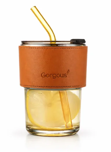 400ML Glass Tumbler with Bamboo Sleeve and Straw (D9 x H11)cm - Yellow