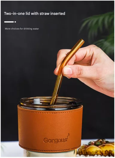 400ML Glass Tumbler with Bamboo Sleeve and Straw (D9 x H11)cm - Yellow