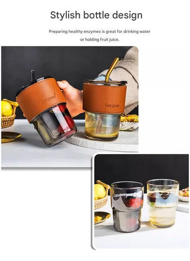 400ML Glass Tumbler with Bamboo Sleeve and Straw (D9 x H11)cm - Yellow