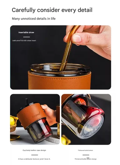 400ML Glass Tumbler with Bamboo Sleeve and Straw (D9 x H11)cm - Yellow