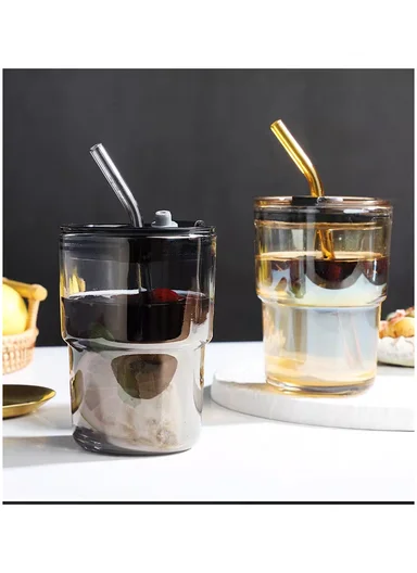 400ML Glass Tumbler with Bamboo Sleeve and Straw (D9 x H11)cm - Yellow