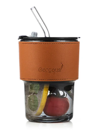 400ML Glass Tumbler with Bamboo Sleeve and Straw (D9 x H11)cm - Black