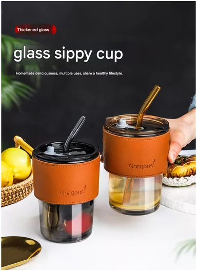 400ML Glass Tumbler with Bamboo Sleeve and Straw (D9 x H11)cm - Black