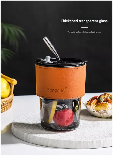 400ML Glass Tumbler with Bamboo Sleeve and Straw (D9 x H11)cm - Black