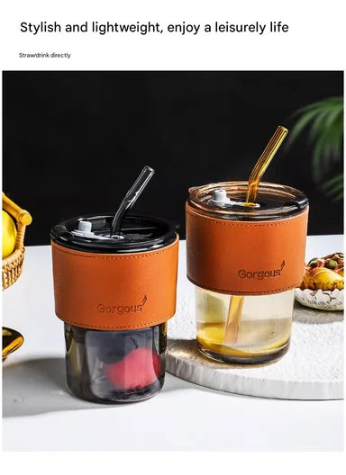 400ML Glass Tumbler with Bamboo Sleeve and Straw (D9 x H11)cm - Black