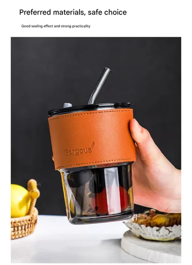 400ML Glass Tumbler with Bamboo Sleeve and Straw (D9 x H11)cm - Black