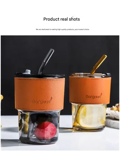 400ML Glass Tumbler with Bamboo Sleeve and Straw (D9 x H11)cm - Black