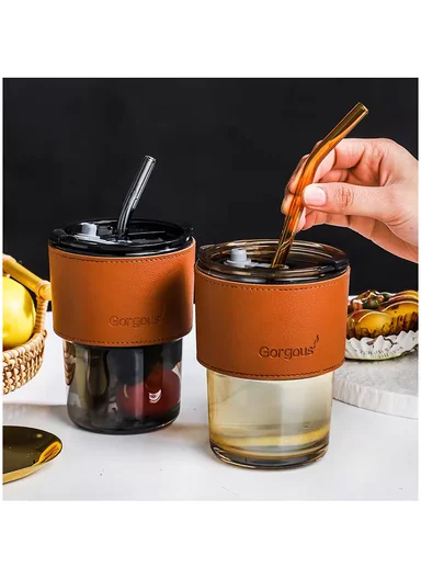 400ML Glass Tumbler with Bamboo Sleeve and Straw (D9 x H11)cm - Black