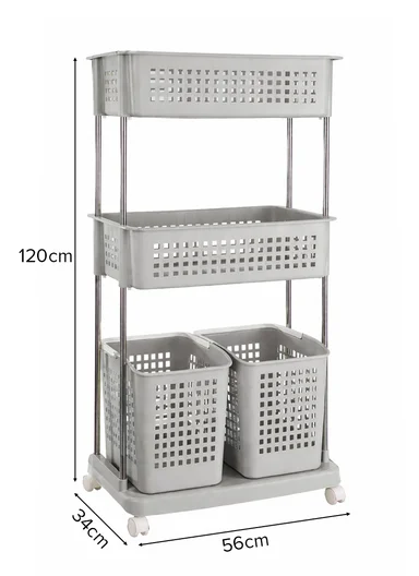 3-Tier Rolling Plastic Storage Rack with Ventilated Baskets &amp; Wheels (W56 × D34 × H120)cm 516-2279 – Greige 