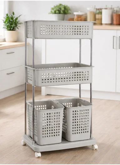 3-Tier Rolling Plastic Storage Rack with Ventilated Baskets &amp; Wheels (W56 × D34 × H120)cm 516-2279 – Greige 
