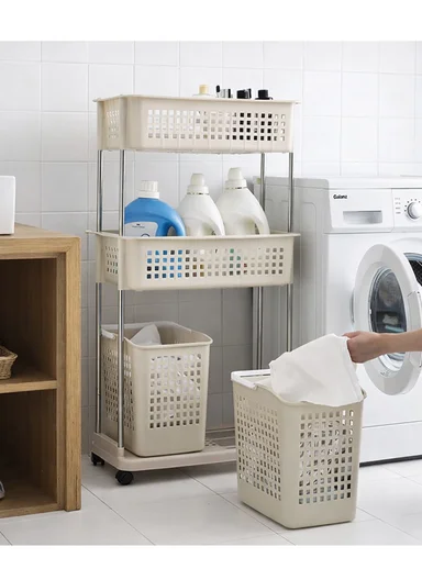 3-Tier Rolling Plastic Storage Rack with Ventilated Baskets &amp; Wheels (W56 × D34 × H120)cm 516-2279 – Greige 