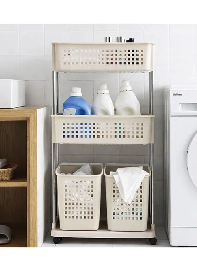 3-Tier Rolling Plastic Storage Rack with Ventilated Baskets &amp; Wheels (W56 × D34 × H120)cm 516-2279 – Greige 