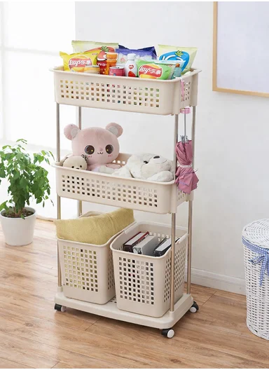 3-Tier Rolling Plastic Storage Rack with Ventilated Baskets &amp; Wheels (W56 × D34 × H120)cm 516-2279 – Greige 