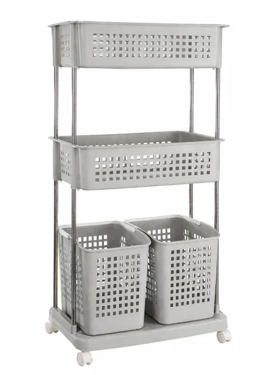 3-Tier Rolling Plastic Storage Rack with Ventilated Baskets &amp; Wheels (W56 × D34 × H120)cm 516-2279 – Greige 