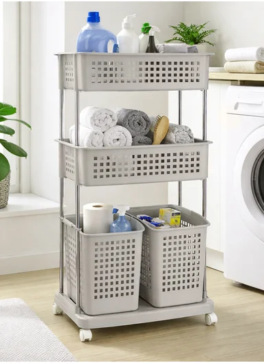 3-Tier Rolling Plastic Storage Rack with Ventilated Baskets &amp; Wheels (W56 × D34 × H120)cm 516-2279 – Greige 
