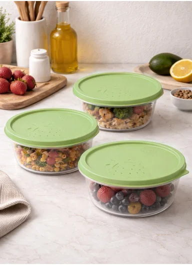 3 Pcs Small Stackable Food Storage Box Set, Microwave, Freezer &amp; Dishwasher Safe Round Food Containers 129-DM-136 - Green