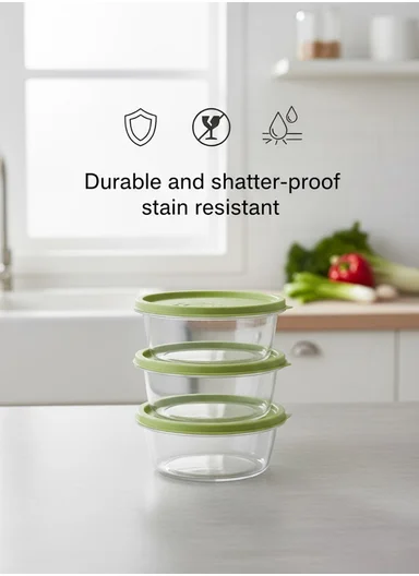 3 Pcs Small Stackable Food Storage Box Set, Microwave, Freezer &amp; Dishwasher Safe Round Food Containers 129-DM-136 - Green