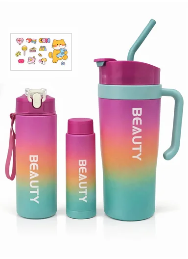 3-Pieces Sports Water Bottle Set with Straw &amp; Carry Handle 610-8050 - Purple &amp; Aqua
