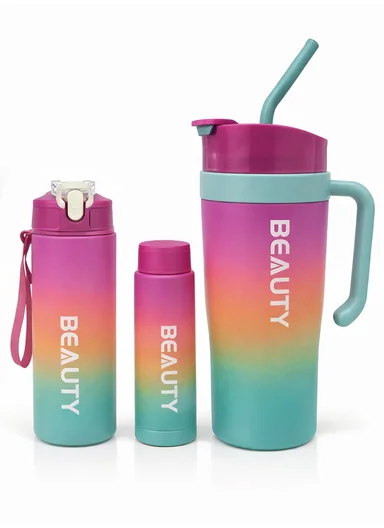 3-Pieces Sports Water Bottle Set with Straw &amp; Carry Handle 610-8050 - Purple &amp; Aqua