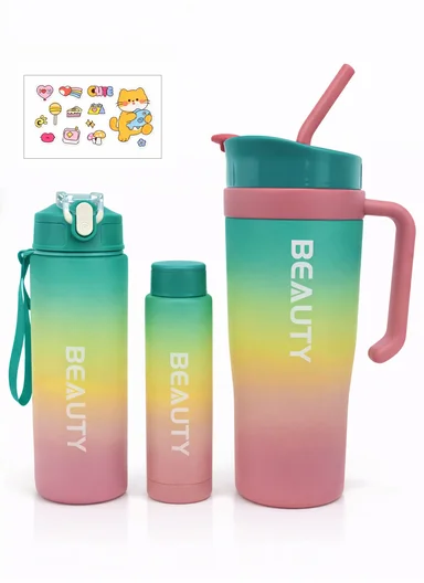 3-Pieces Sports Water Bottle Set with Straw &amp; Carry Handle 610-8050 - Green &amp; Pink