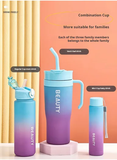 3-Pieces Sports Water Bottle Set with Straw &amp; Carry Handle 610-8050 - Green &amp; Pink