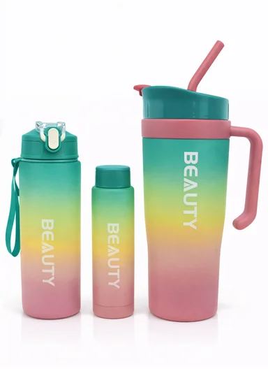 3-Pieces Sports Water Bottle Set with Straw &amp; Carry Handle 610-8050 - Green &amp; Pink