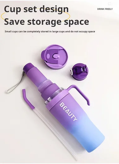 3-Pieces Sports Water Bottle Set with Straw &amp; Carry Handle 610-8050 - Purple &amp; Pink