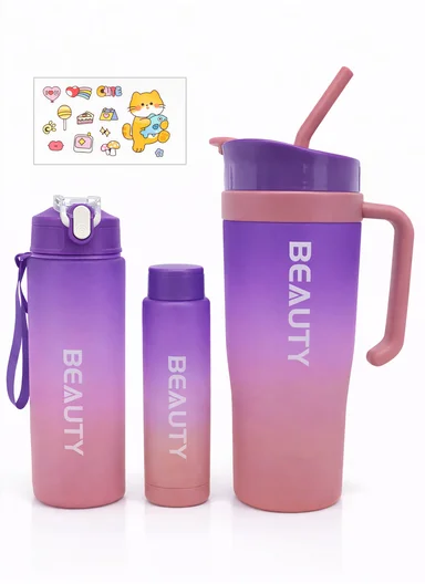 3-Pieces Sports Water Bottle Set with Straw &amp; Carry Handle 610-8050 - Purple &amp; Pink