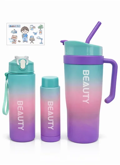3-Pieces Sports Water Bottle Set with Straw &amp; Carry Handle 610-8050 - Aqua &amp; Purple