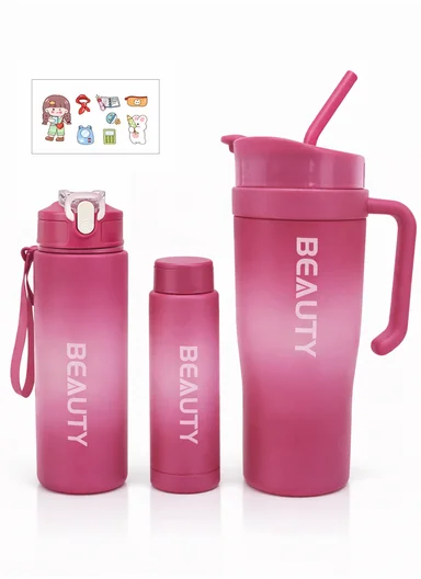 3-Pieces Sports Water Bottle Set with Straw &amp; Carry Handle 610-8050 - Fuschia