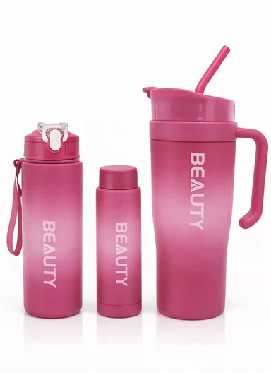 3-Pieces Sports Water Bottle Set with Straw &amp; Carry Handle 610-8050 - Fuschia