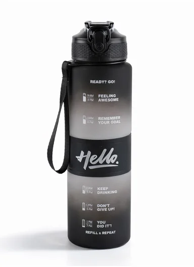 1000ml Leak-Proof Motivational Water Bottle with Safety Lock, Wide Mouth &amp; Carry Strap - Black
