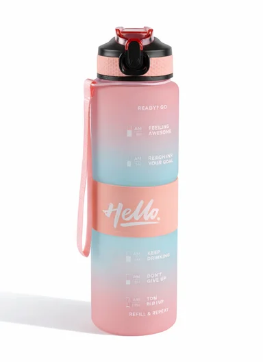 1000ml Leak-Proof Motivational Water Bottle with Safety Lock, Wide Mouth &amp; Carry Strap - Pink