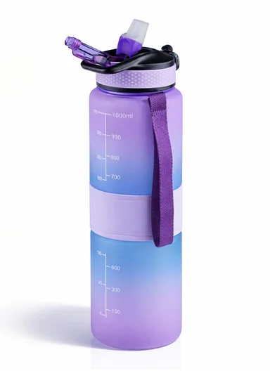1000ml Leak-Proof Motivational Water Bottle with Safety Lock, Wide Mouth &amp; Carry Strap - Pink