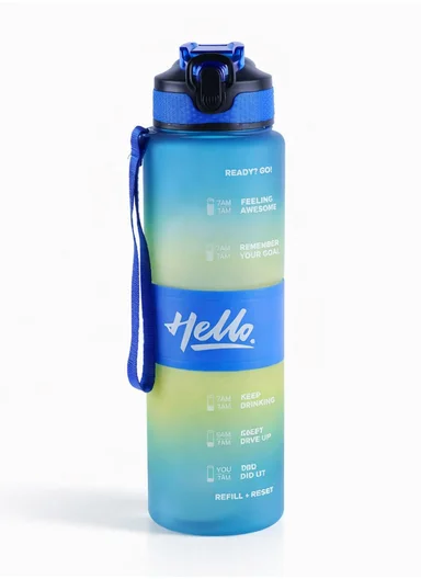 1000ml Leak-Proof Motivational Water Bottle with Safety Lock, Wide Mouth &amp; Carry Strap - Blue