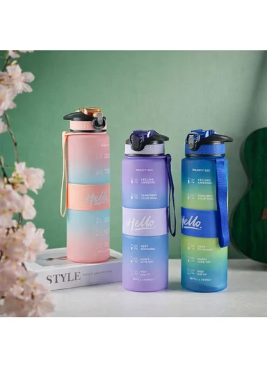 1000ml Leak-Proof Motivational Water Bottle with Safety Lock, Wide Mouth &amp; Carry Strap - Purple