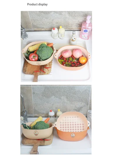 2-in-1 Dual Layer Fruit &amp; Vegetable Drainer Basket with Outer Basin 10-2796 (L31.5 x W24 x H10)cm - Light Salmon