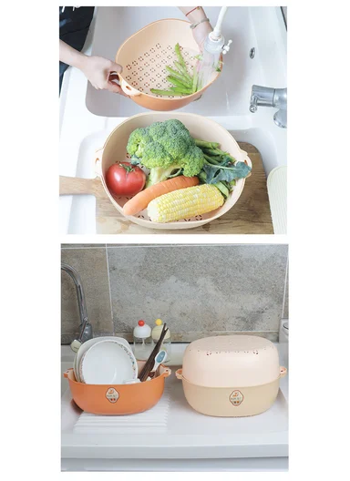 2-in-1 Dual Layer Fruit &amp; Vegetable Drainer Basket with Outer Basin 10-2796 (L31.5 x W24 x H10)cm - Light Salmon