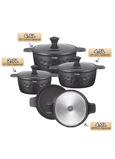 7Pcs 20/24/28/28cm Die-Cast Aluminum Non-Stick Casseroles Set with Hammered Finish CA022-S01 - Black