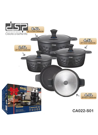 7Pcs 20/24/28/28cm Die-Cast Aluminum Non-Stick Casseroles Set with Hammered Finish CA022-S01 - Black